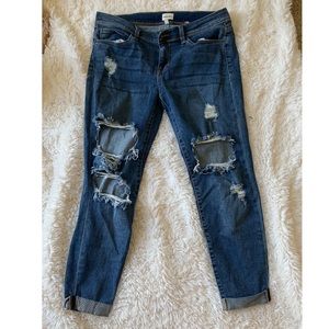 Distressed denim with fringe detail, worn twice